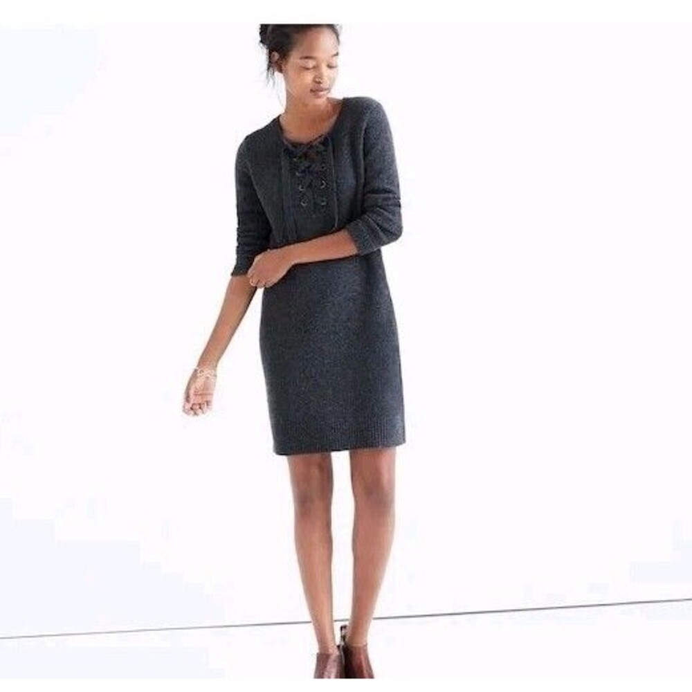 Madewell XS Merino Wool Long Sleeve Lace Up Front Sweater Dress Carbon Gray
